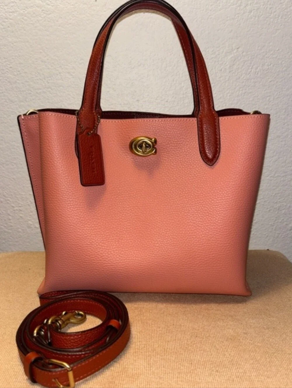 Coach Willow Tote 24 Colorblock Pink & Saddle Pebble Leather Crossbody Satchel